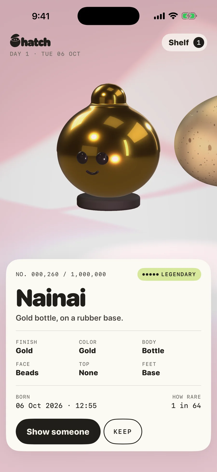 Hatch: Nainai, No. 000,260, a legendary gold bottle on a rubber base, one in 64