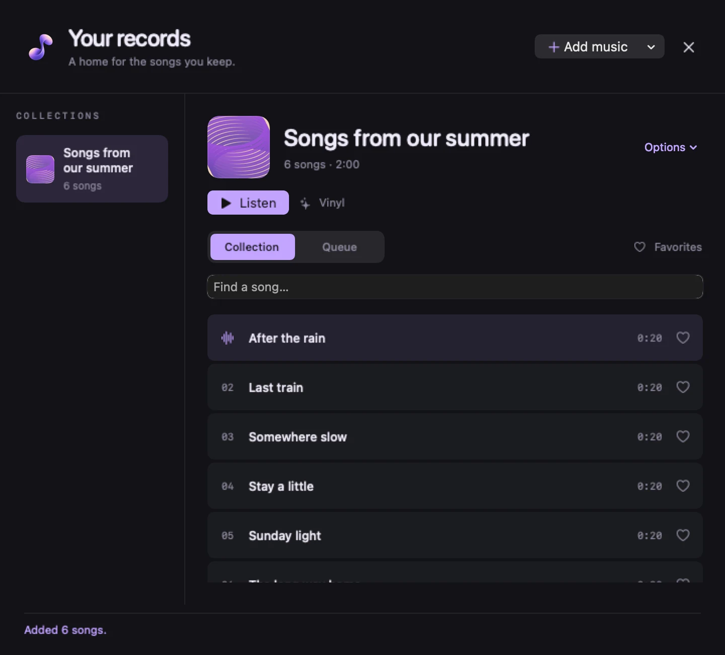 Your records: a collection called Songs from our summer, six songs in a list with favourites, and a Listen button