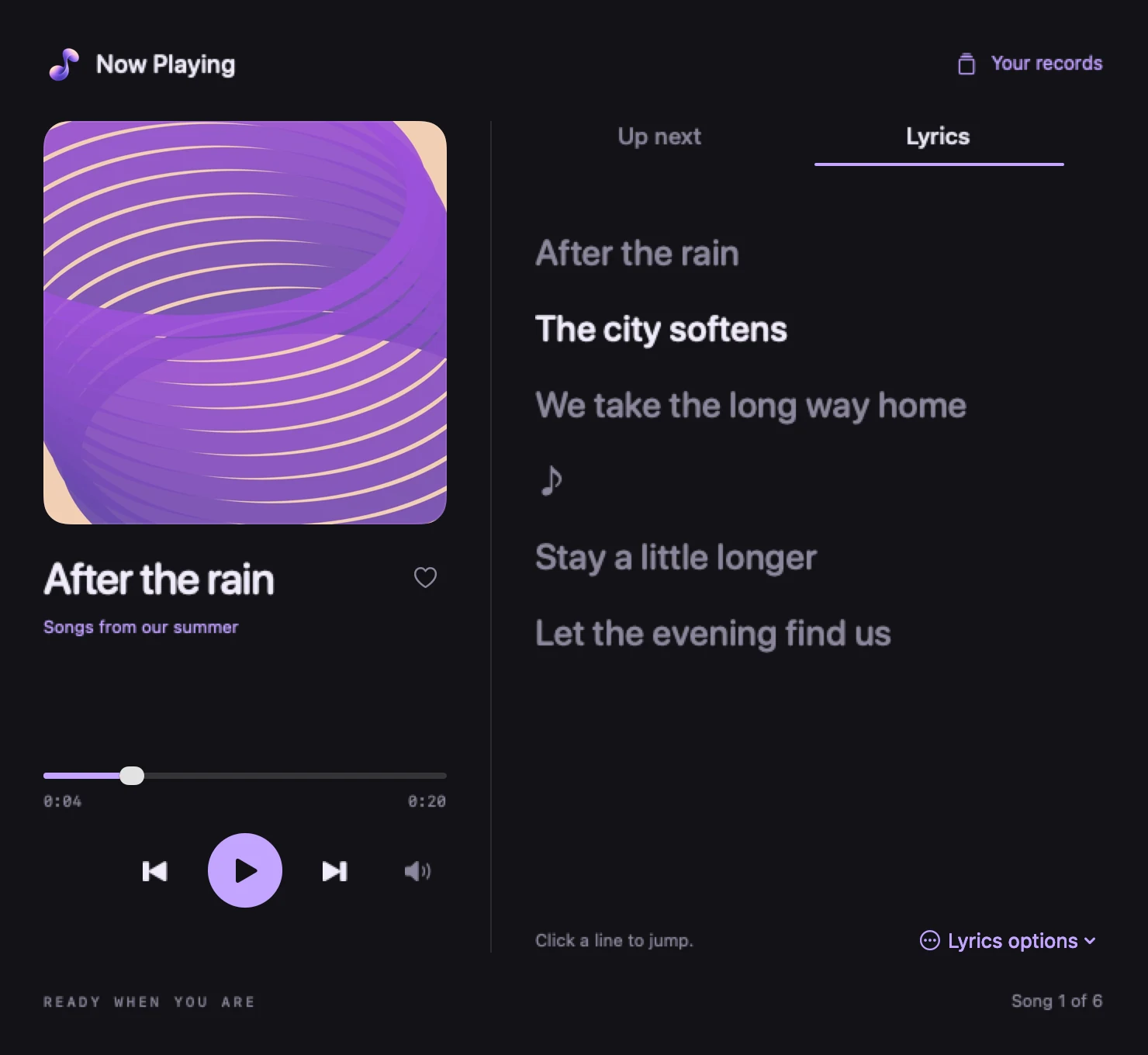 Now Playing with its Lyrics tab: the current line, The city softens, lit among the others