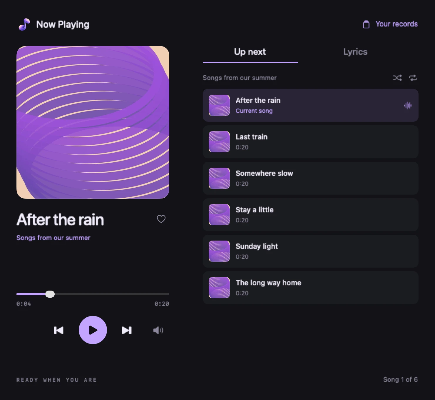 Now Playing: the cover, After the rain, the transport controls, and the next five songs in the collection