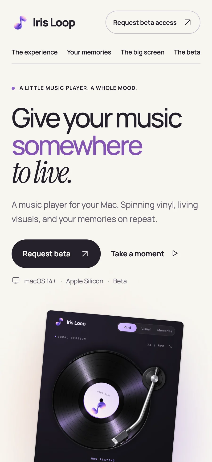 Iris Loop's site on a phone: Give your music somewhere to live, over a spinning record