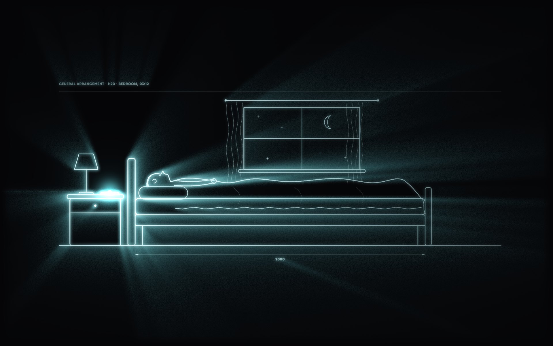 A bedroom at night, lit only by the phone on the nightstand