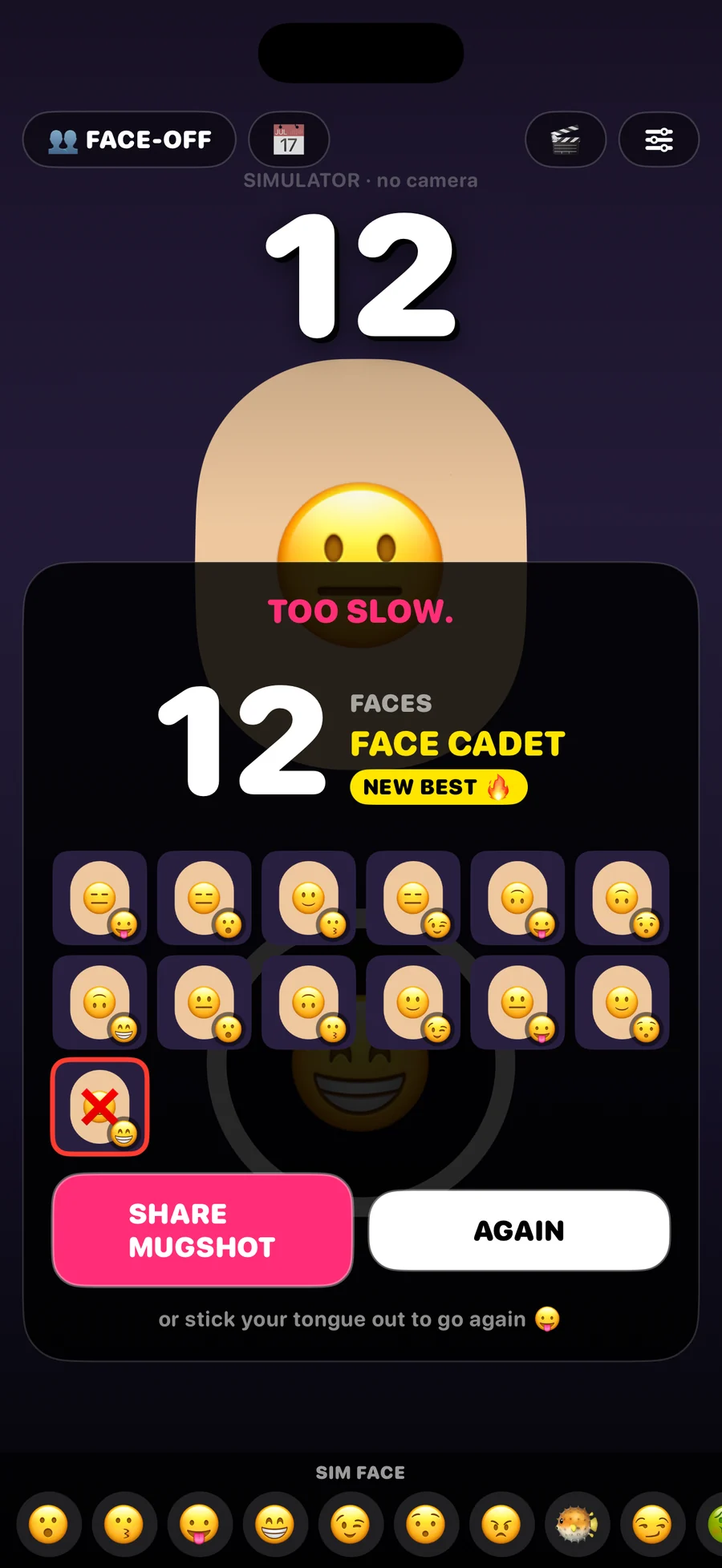 The first build's results laid over the run: too slow, twelve faces, Face Cadet