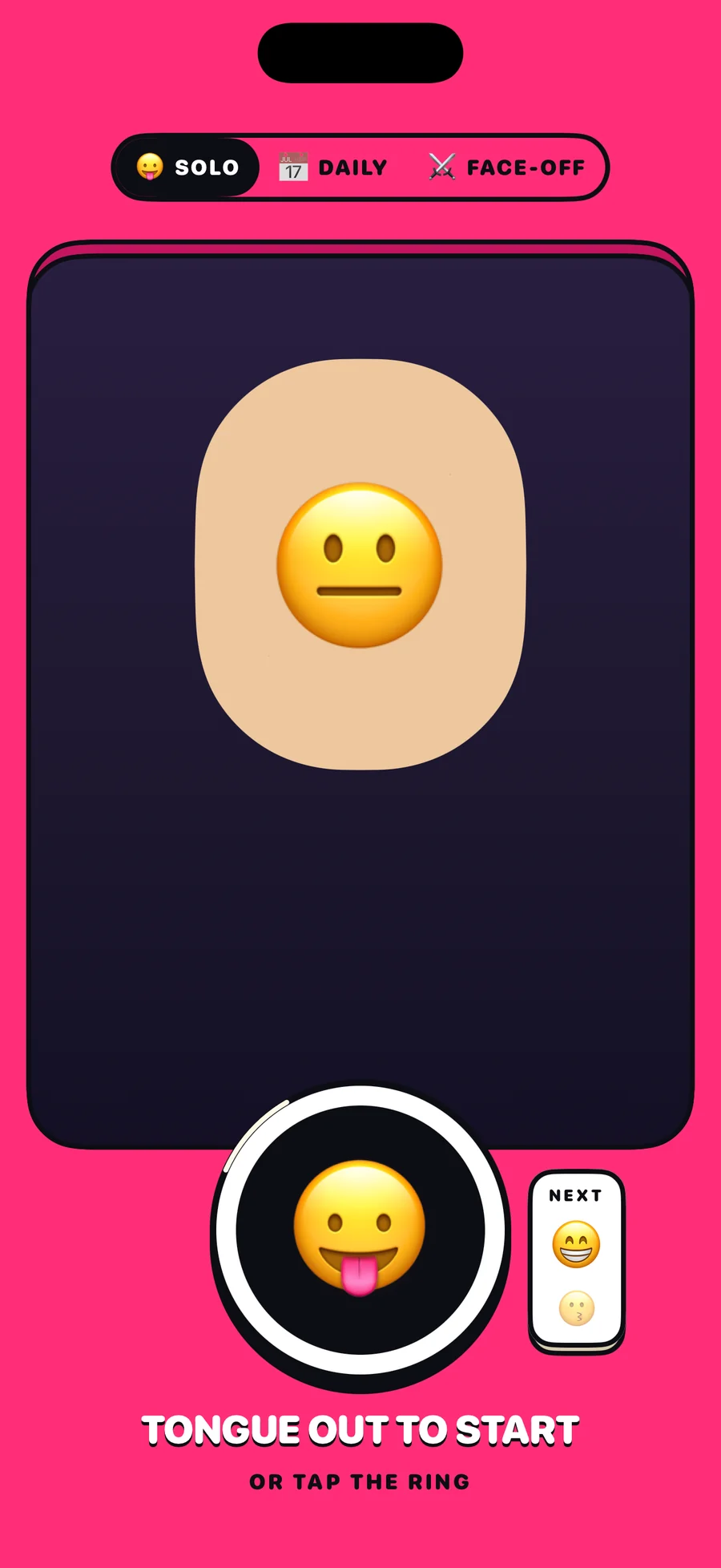 Mugio home screen: the ring, tongue out to start