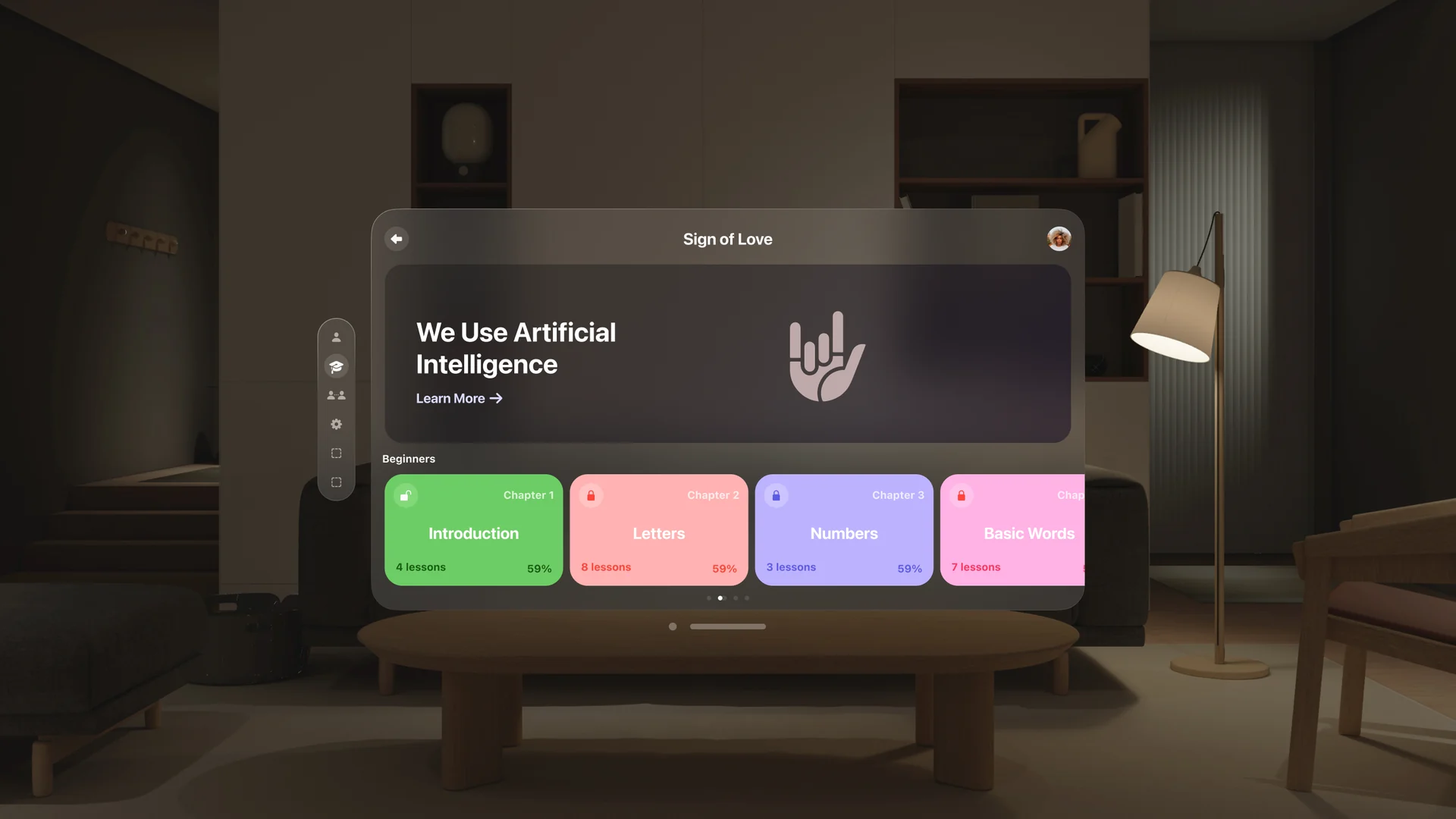 Sign of Love on Apple Vision Pro: its home screen floating in a living room