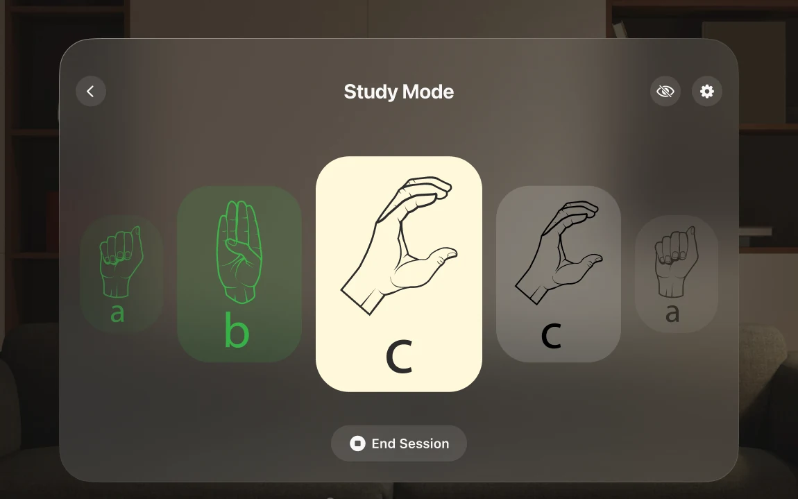 Study mode: the card for the letter C, with the letters before and after it on either side