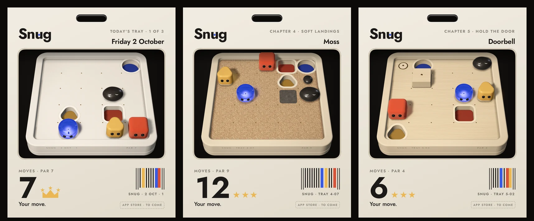 Three Snug share cards: today's tray solved at par with the crown, Moss on cork in twelve moves, and Doorbell on beech in six, each with its moves, par and a barcode of the solve