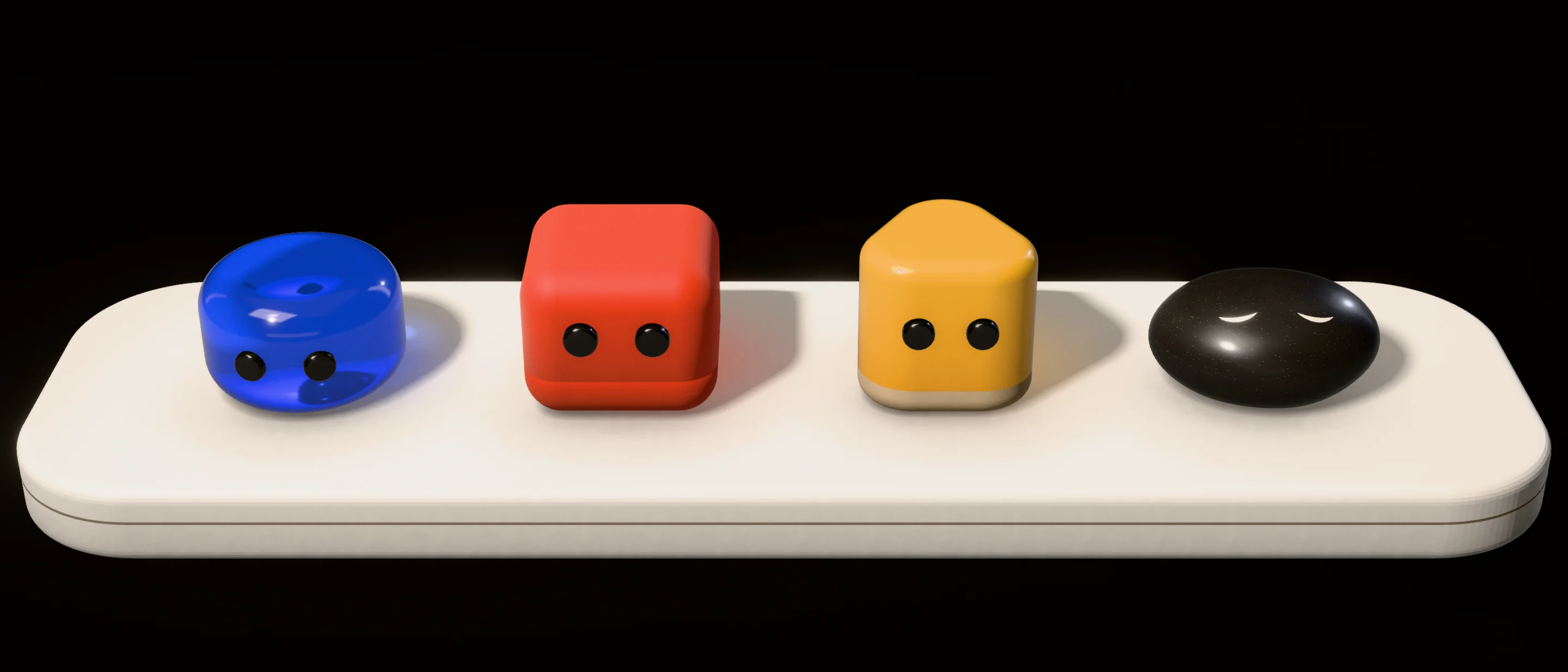 The four characters on a paper-white tray: a cobalt glass disc, a vermilion rubber cube, a marigold lacquer wedge and a black basalt stone, asleep