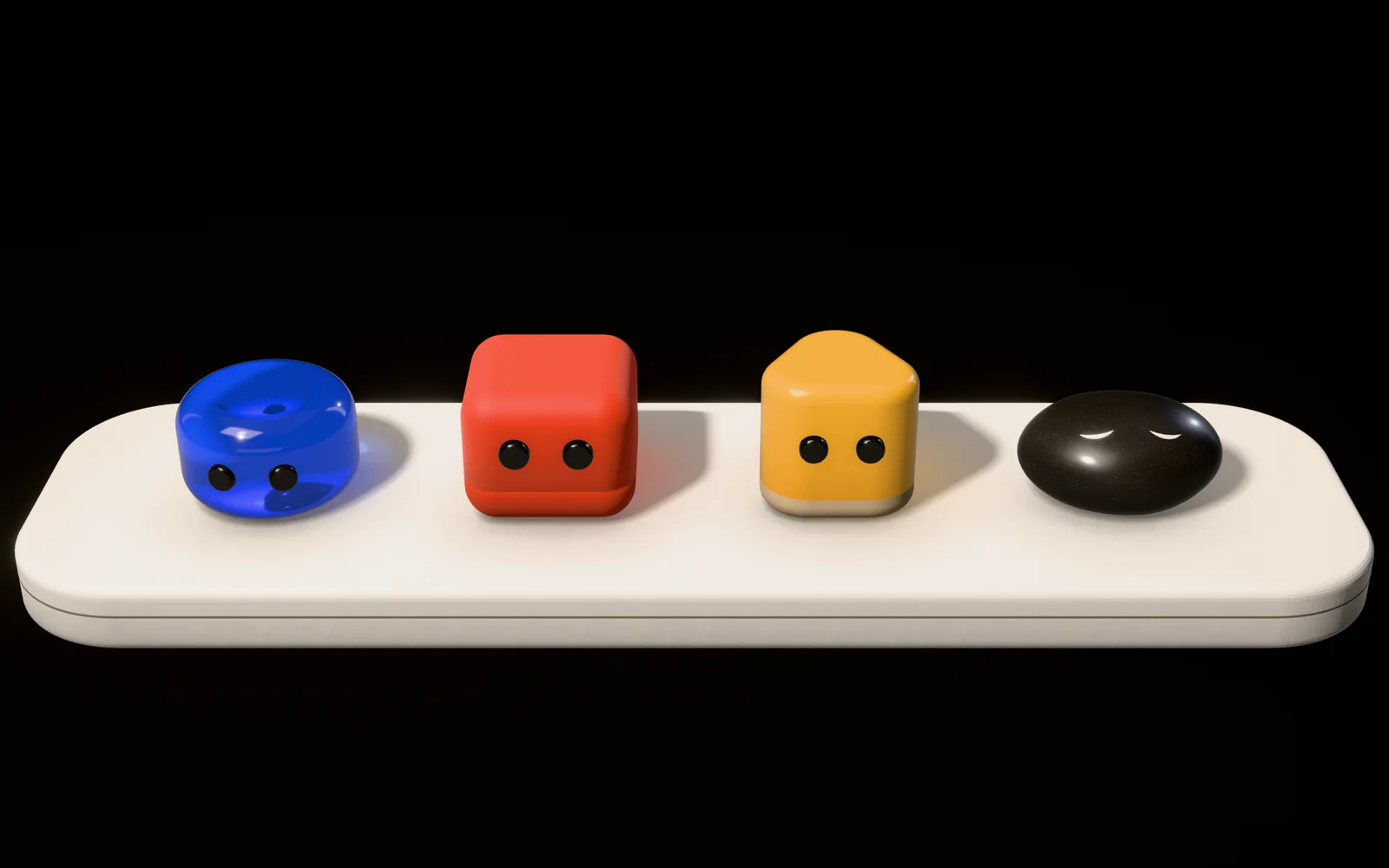 Snug's four characters on a paper-white tray