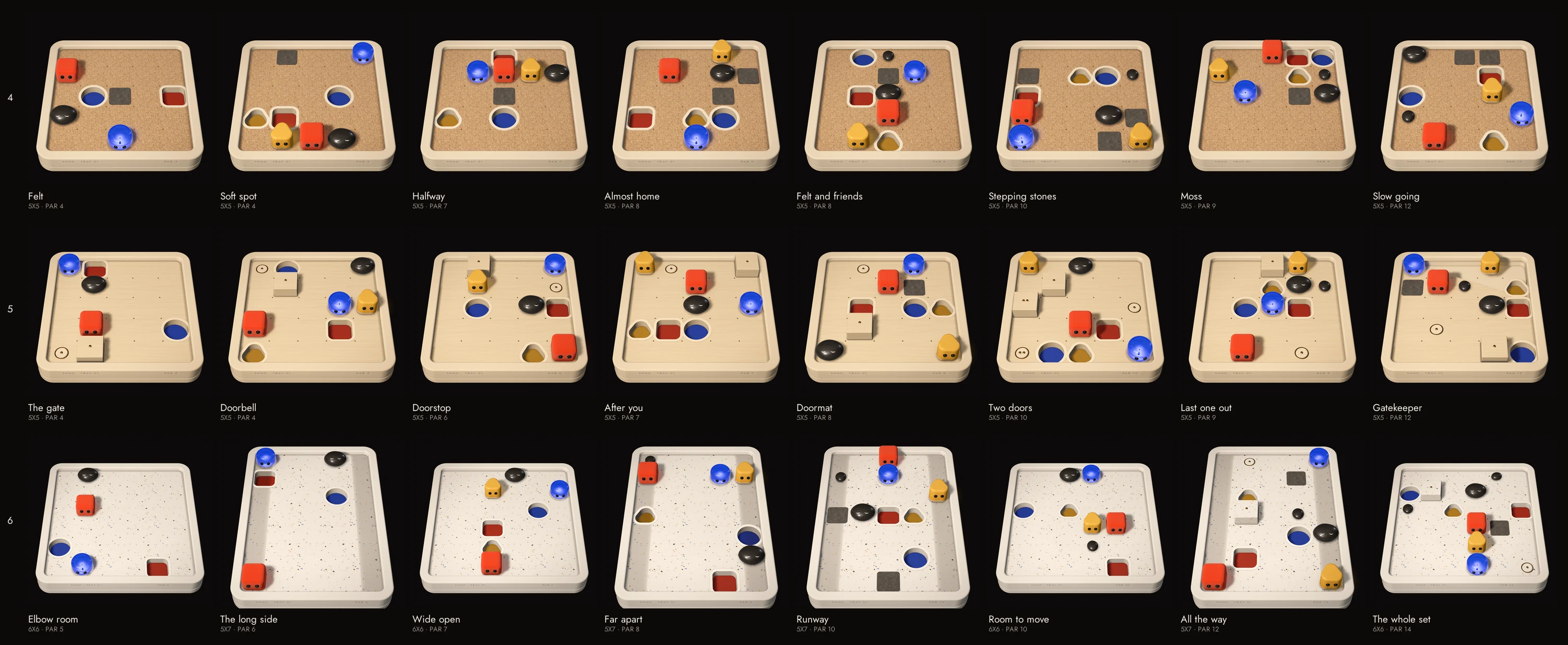 Twenty-four trays in three rows: eight on cork with felt swatches, eight on beech with gates and buttons, and eight bigger trays in terrazzo, each with its name and par