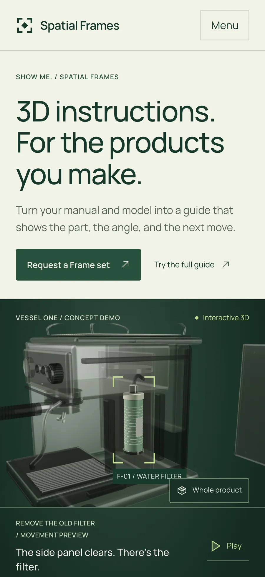Spatial Frames' site on a phone, with the espresso machine guide