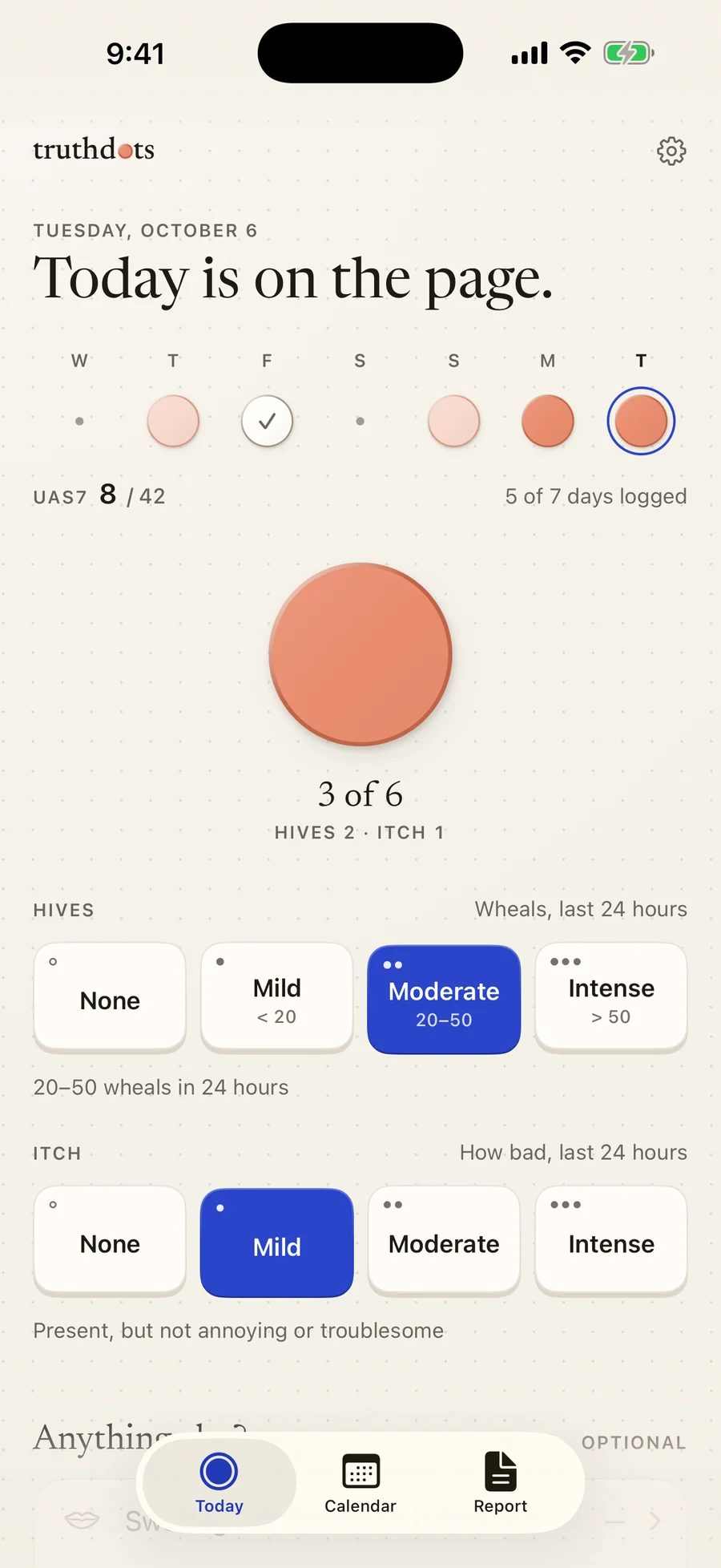 Truthdots' Today screen: the day's dot logged, today is on the page